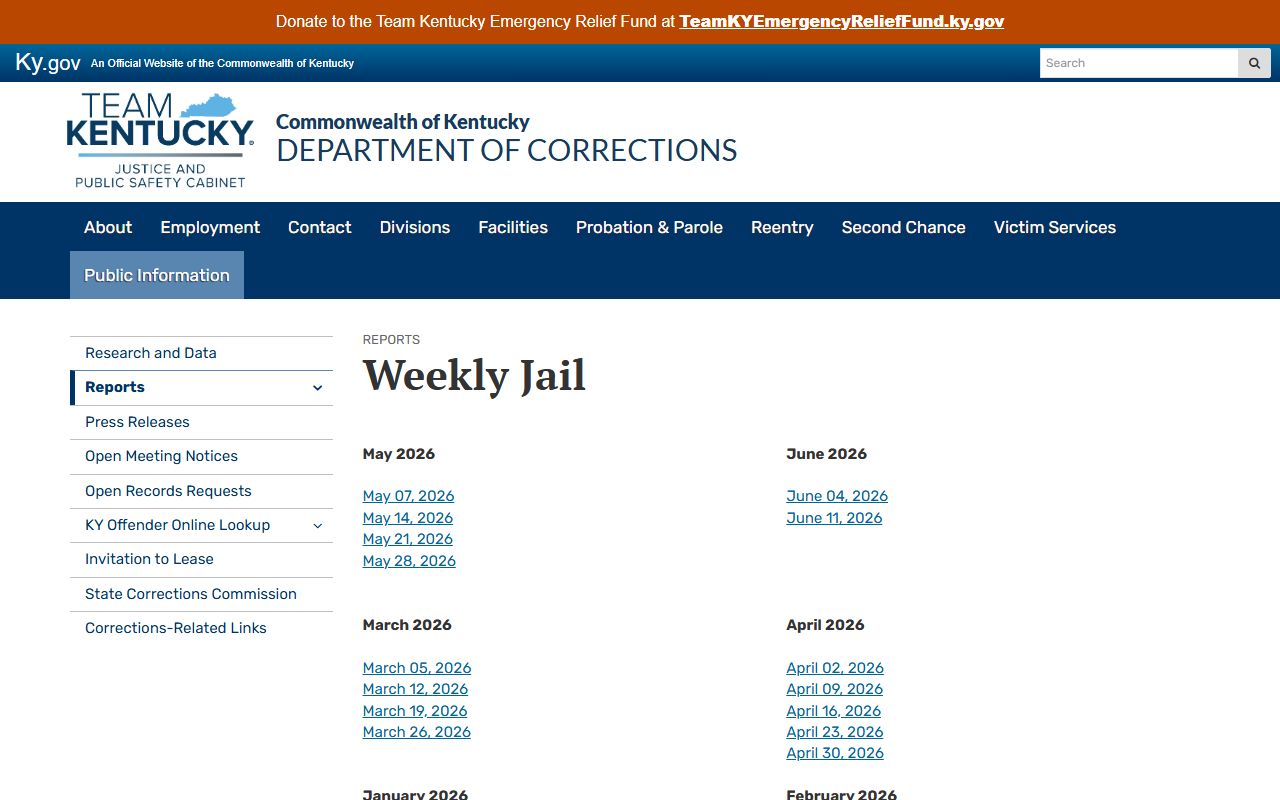 Green County inmate population Kentucky DOC weekly jail report index